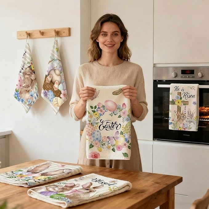Breling Set of 6 Easter Decorations Happy Easter Kitchen Towels Rabbit Dish - Image 4