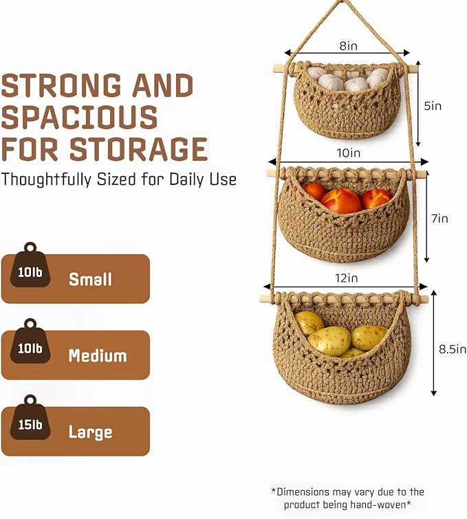 Cotton Hanging Fruit Basket, 3 Tier Woven Wall Basket, Hanging storage baskets - Image 3