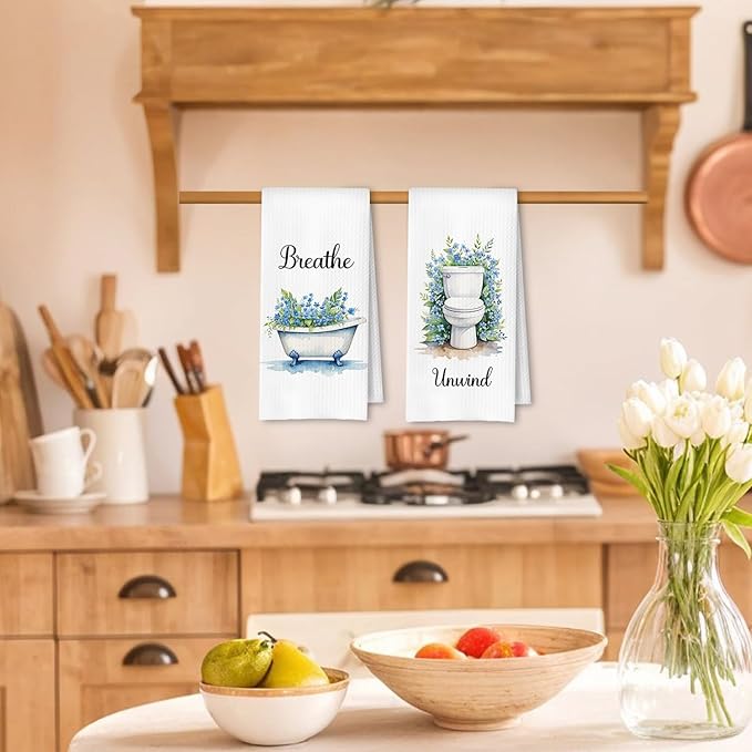 Farmhouse Blue Botanical Bathroom Hand Towels, Rustic Cottagecore Relax Breathe - Image 2