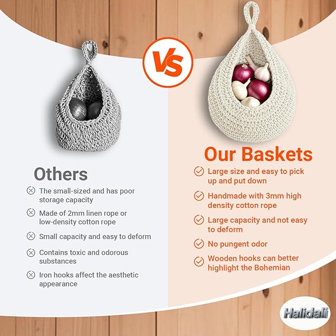 Hanging Fruit Baskets for Kitchen, 3 Pack Boho Cotton Rope Handwoven Vegetable - Image 3