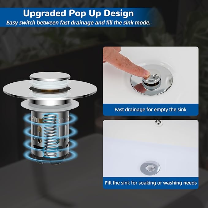 Hibbent 3 Pack Upgraded 3 in 1 Bathroom Sink Drain Strainer, Universal Pop Up - Image 6