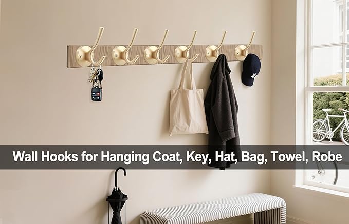 Gold Wall Hooks, 6 Pack Coat Robe Hook Heavy Duty Metal Double Bath Hook Wall - Image 2