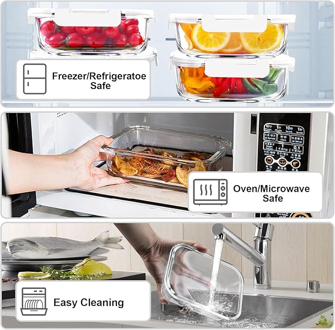 VERONES 5 Pack 36 OZ Glass Meal Prep Containers, Airtight Glass Lunch - Image 3