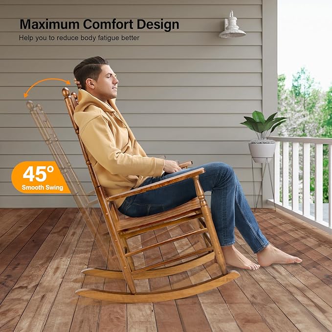 VINGLI Wooden Rocking Chair, Outdoor Chair with 450 lbs Support, Relaxing Rocker with Solid Wood High Back Seat Reclining Seat for Deck, Garden, Backyard, Porch, Indoor or Outdoor Use (Teak, 2PCS) - Image 4