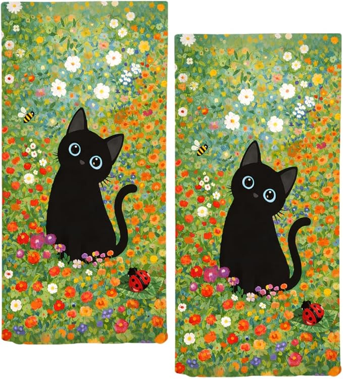 Watercolor Floral Hand Towels for Bathroom, 2 Packs Black Cat Kitchen Towels by qiuhuang