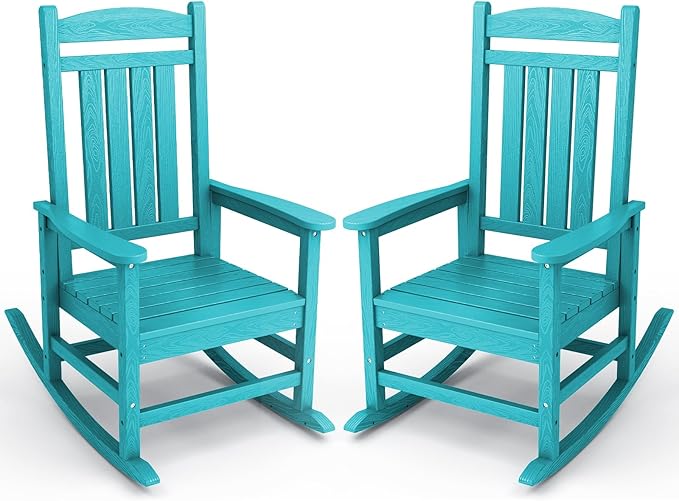 KINGYES Outdoor Rocking Chair Set of 2, High Density Polyethylene Patio Rocking Chairs with 330lbs Support for Adults, Aruba Blue by KINGYES