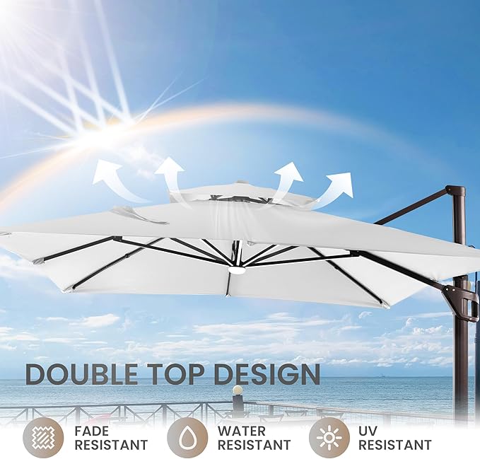 10 X 13 FT Cantilever Patio Umbrella with LED Lights Outdoor Heavy Duty Double Top Windproof Rectangle Offset Umbrellas with 360-degree Rotation for Pool Deck Backyard, Foggy Grey - Image 8