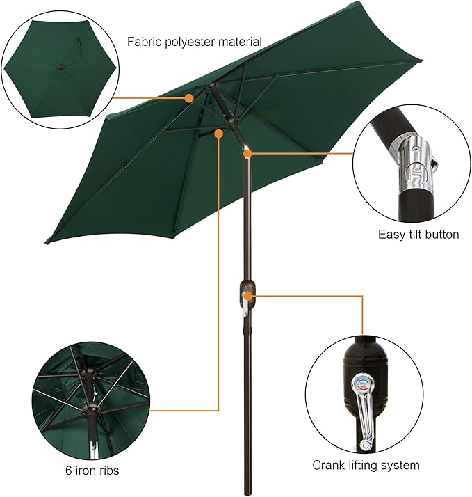 Blissun 7.5 ft Patio Umbrella, Yard Umbrella, Outdoor Market Umbrella with Push Button Tilt Crank, Dark Green - Image 2