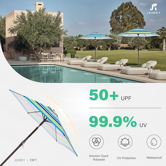JEAREY 7.5FT Patio Umbrella Market Table Umbrella with 6 Sturdy Ribs, Push Button Tilt/Crank Outdoor Umbrella for Garden, Deck, Backyard, Pool and Beach,Bold Blue-Green Stripe - Image 3
