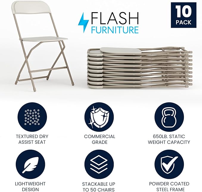Flash Furniture Hercules Series Plastic Folding Chairs for Parties and Weddings, Stackable Commercial Event Seats, Set of 10, Beige - Image 3