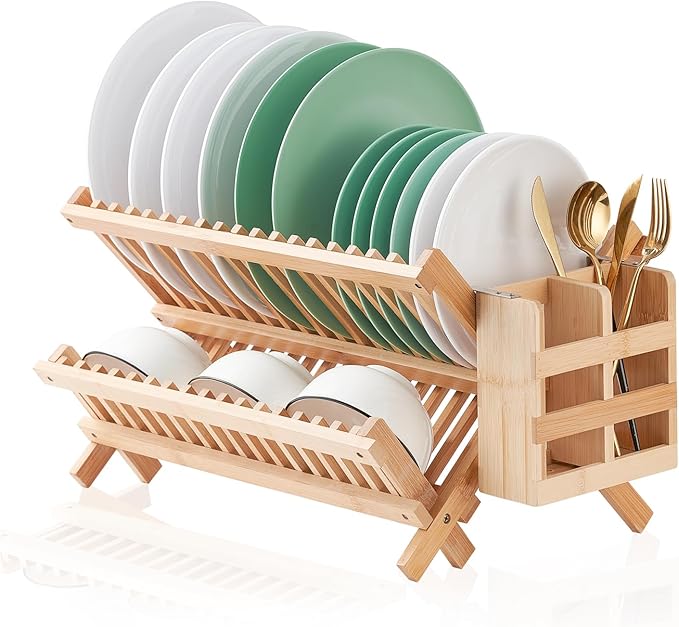 Bamboo Dish Drying Rack, 2 Tier Collapsible Dish Rack by Worthyeah