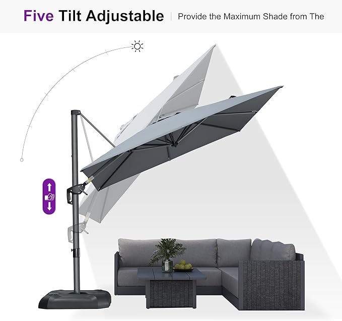 PURPLE LEAF 8 Feet Square Cantilever Umbrella Patio Umbrella with Base Outdoor Umbrella Aluminum Offset with 360-degree Rotation for Garden Deck Pool Patio Light Grey - Image 7