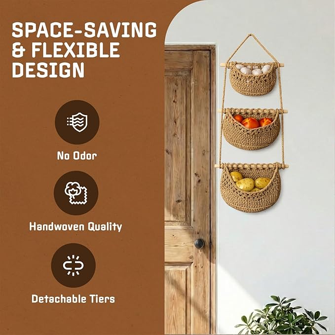 Cotton Hanging Fruit Basket, 3 Tier Woven Wall Basket, Hanging storage baskets - Image 2