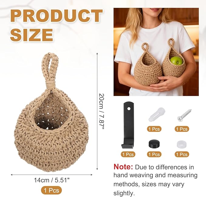 uxcell Hanging Fruit Baskets for Kitchen, Hand-Woven Wall Hanging Storage Jute - Image 2