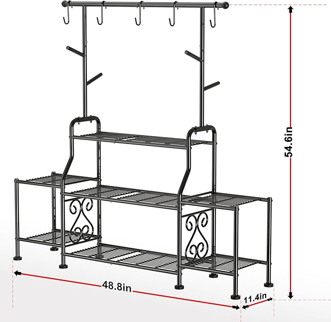 GIOTORENT 3-Tier Tall Metal Plant Stand Indoor Outdoor - Heavy Duty Plant Shelf for Garden, Patio, Balcony with 5 Hanging Hooks, Holds 16-25 Plants, Black - Image 3