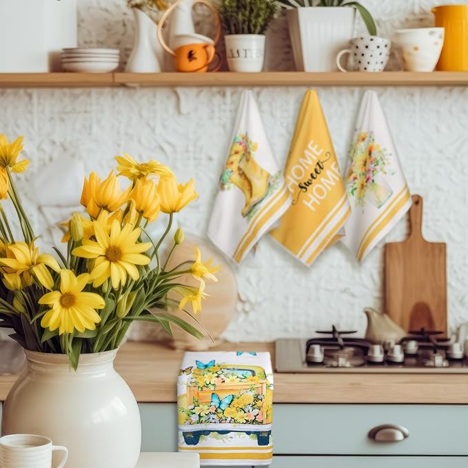 Boyiee Set of 6 Yellow Flower Kitchen Towels Decorative Floral Tea Towels - Image 2