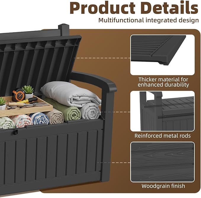 EasyUp 80 Gallon Wood Grain Style Outdoor Storage Bench, Waterproof and Lockable Deck Box Outdoor Storage Furniture for Patio,Garden,and Porch – Perfect for Storing Garden Tools and Cushions(Black) - Image 6