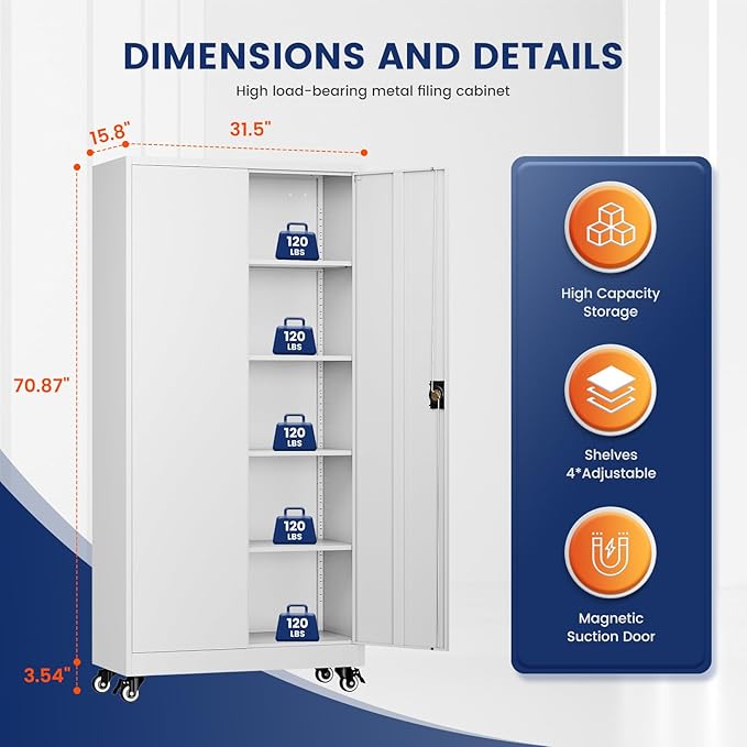 Yizosh Metal Garage Storage Cabinet with Locking Doors and Adjustable Shelves,- 75" Rolling Steel Tool Cabinet for Home Office,Garage,Warehouse - Image 3