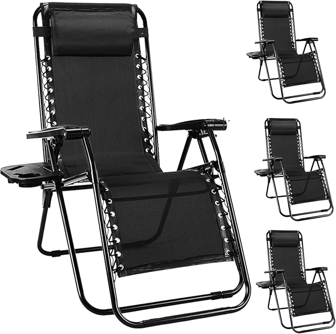 NEWBULIG Zero Gravity Chair Set of 4, Lounge Chair Folding Portable Adjustable Camping Reclining Chairs with Adjustable Pollow, Mesh Back, Cup Holder Trays Lawn Patio Chair for Pool Beach - Black by NEWBULIG