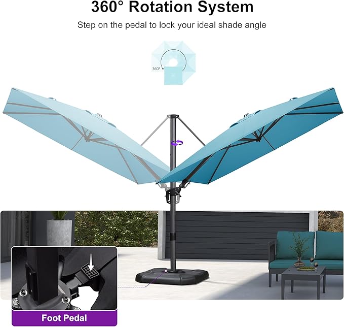 PURPLE LEAF 8.8' X 8.8' Right-left Tilt Patio Umbrella with Base Outdoor Cantilever Swivel Square Umbrella with Tilt Aluminum Offset Umbrella with 360-degree Rotation for Garden Deck Pool Patio Turquoise Blue - Image 7
