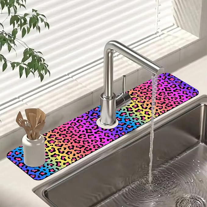 Sink Faucet Absorbing Mat Rainbow Colored Leopard Print Sink Splash Guard by Unknown