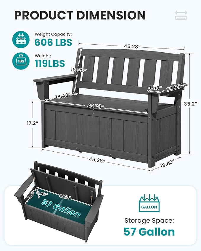 SERWALL HDPE Outdoor Storage Bench, All-Weather, UV-Resistant Deck Box with Waterproof Storage Bags, 57 Gallon Dual-Use Seat & Organizer Deck Boxes for Patio, Garden Tools & Pool (Gray) - Image 3