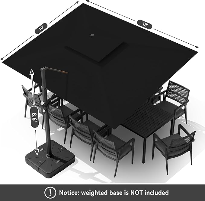 10 X 13 FT Cantilever Outdoor Patio Umbrella with Base Included Large Heavy Duty 360° Rotation Double Top Offset Rectangular Umbrellas with Led Lights for Backyard Outside Deck, Black - Image 9