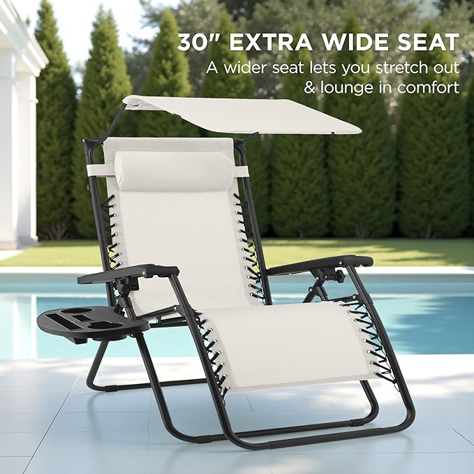 Best Choice Products 30” Wide Folding Zero Gravity Outdoor Recliner Patio Lounge Chair w/Adjustable Canopy Shade, Headrest, Side Accessory Tray - Ivory - Image 3