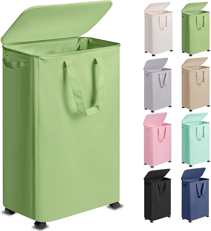 Slim Laundry Hamper with Lid and Wheels, Small Rolling Laundry Basket with by Vincona