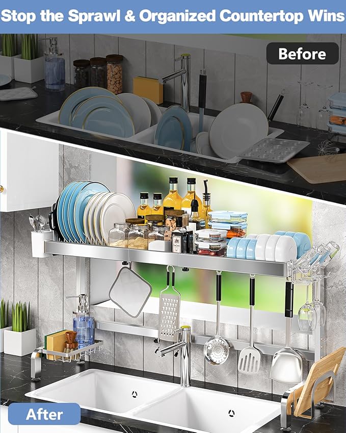 2 Tier Extra Large Over The Sink Dish Drying Rack, Expandable Stainless Steel - Image 7