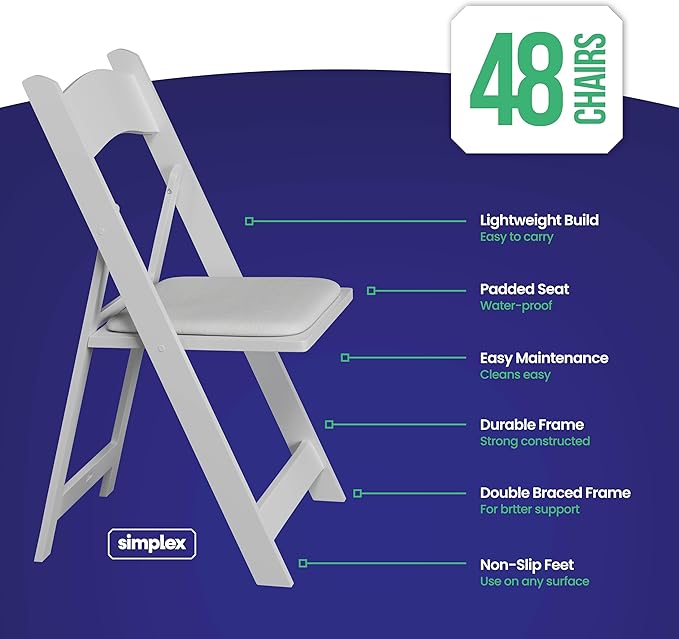 SIMPLEX 48 White Folding Chairs – Resin Stackable Foldable Chairs with Padded Seats – Comfortable White Folding Chairs for Indoor/Outdoor Events – Lightweight Resin Chairs (48 Pack) - Image 3