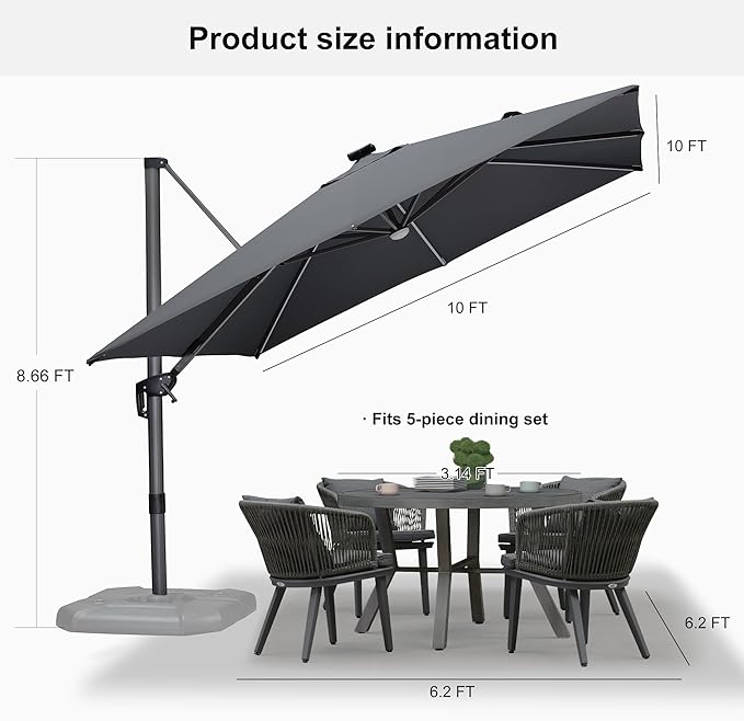 PURPLE LEAF 10 Feet Patio Umbrella with Base Outdoor Cantilever Solar Powered LED Square Umbrella Aluminum Offset Umbrella with 360-degree Rotation for Garden Deck Pool Patio Light Grey - Image 8