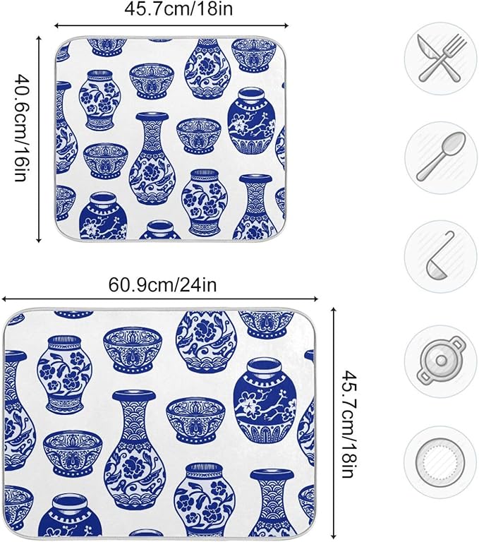 Chinese Blue Vases Dish Drying Mat Super Absorbent Drying Mat Large Coffee Mat - Image 3