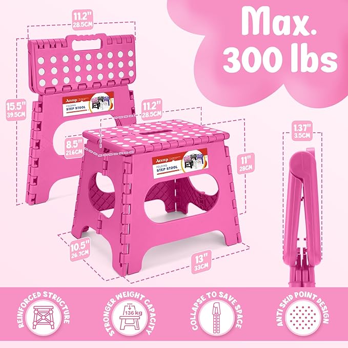 ACSTEP Folding Step Stool 11 Inch, Sturdy Plastic Foldable Step Stool for Kids & Adults, Non Slip Lightweight Collapsible Foot Stools Holds 300 lbs, Ideal for Kitchen, Bathroom, Bedroom, Rose red - Image 6