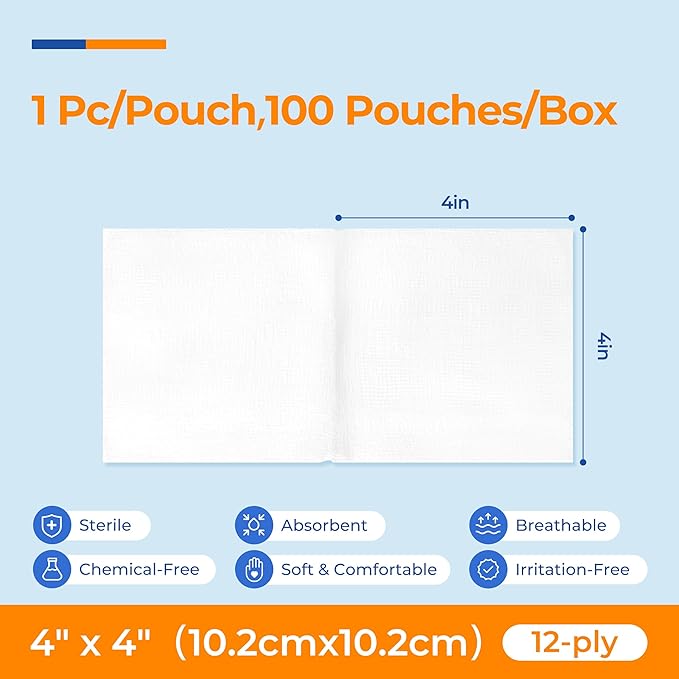 100 Pack Sterile Gauze Pads 4x4 Inch 12-Ply, 100% Cotton Large Gauze Sponges - Image 3