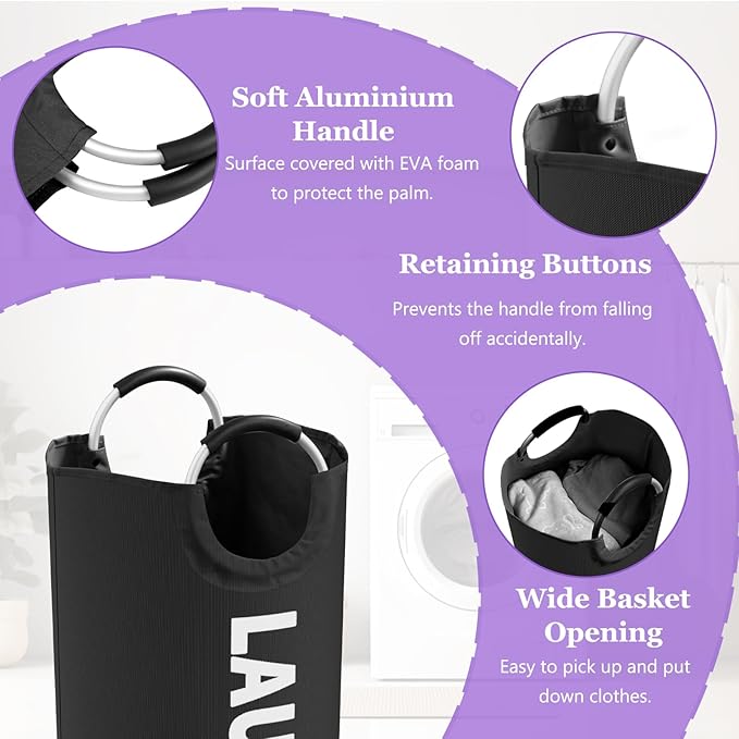 95L Large Laundry Hamper for Adult, Foldable Black Laundry Basket - Image 5