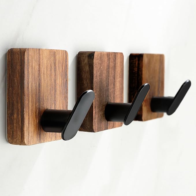 DELITON Towel Hooks for Bathrooms, 4 Pack Adhesive Wood Hooks for Hanging Robes - Image 4