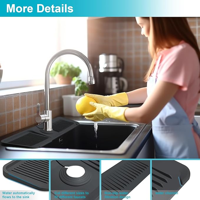 24 Inch Kitchen Sink Splash Guard，5°Slope Fast Draining Silicone Mat - Image 5