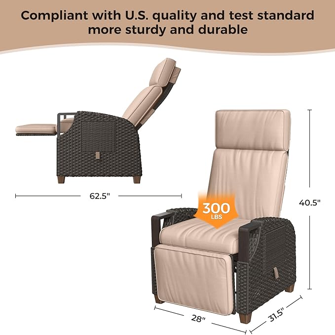 Grand patio Outdoor Recliner with Independent Adjustable Back and Footrest, Air Pump 150° Lay Flat Reclining Chair Removable Olefin Cushion Flip-Up Table Wicker Beige 1PC - Image 2