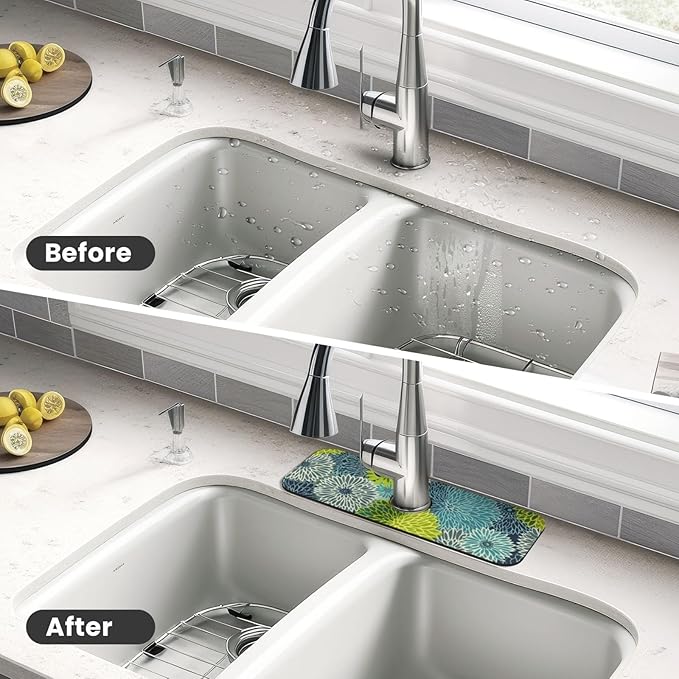 Kitchen Faucet Mat 15 x 5.5 Inch Abstract retro flower Faucet Draining Mat - Image 6