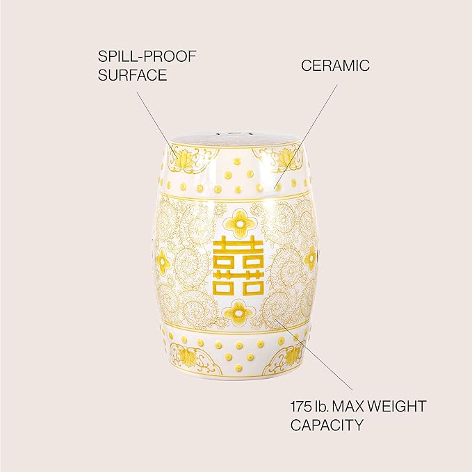 JONATHAN Y TBL1013B Double Happiness 18" Chinoiserie Ceramic Drum Indoor/Outdoor Garden Stool Bohemian, Coastal, Classic, Cottage,Traditional, Patio, Garden, Bathroom, Living Room, Yellow/White - Image 5