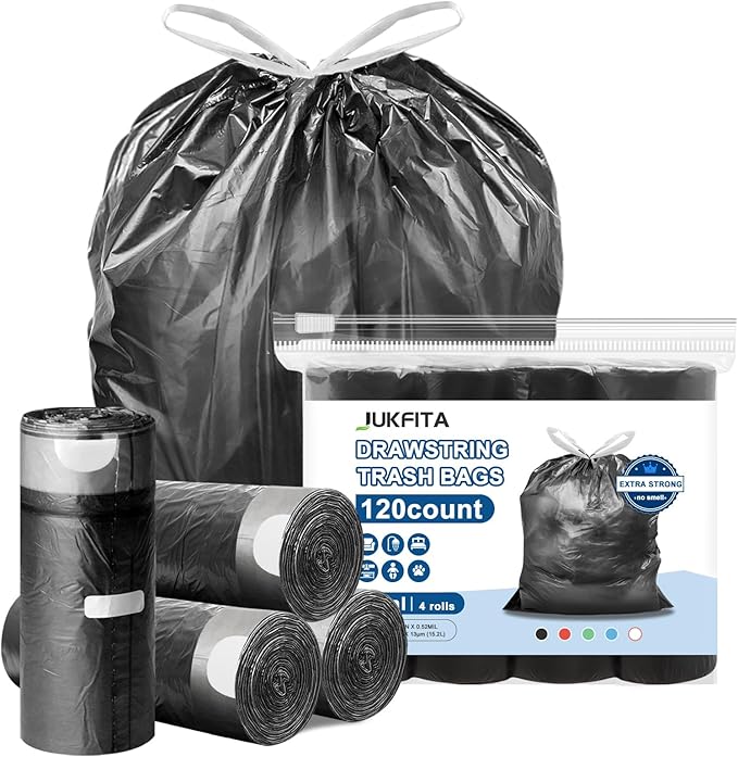 Small Trash Bags Drawstring 120 Count, JUKFITA Extra Strong 4 Gallon Garbage by JUKFITA