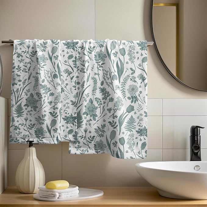 Spring Floral Hand Towels for Bathroom Set of 2 Aqua White Flower Leaves - Image 6