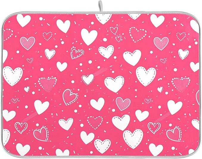 Hot Pink Love Dish Drying Mat for Kitchen Countertop 18x24 Happy Valentine’s by Wamika