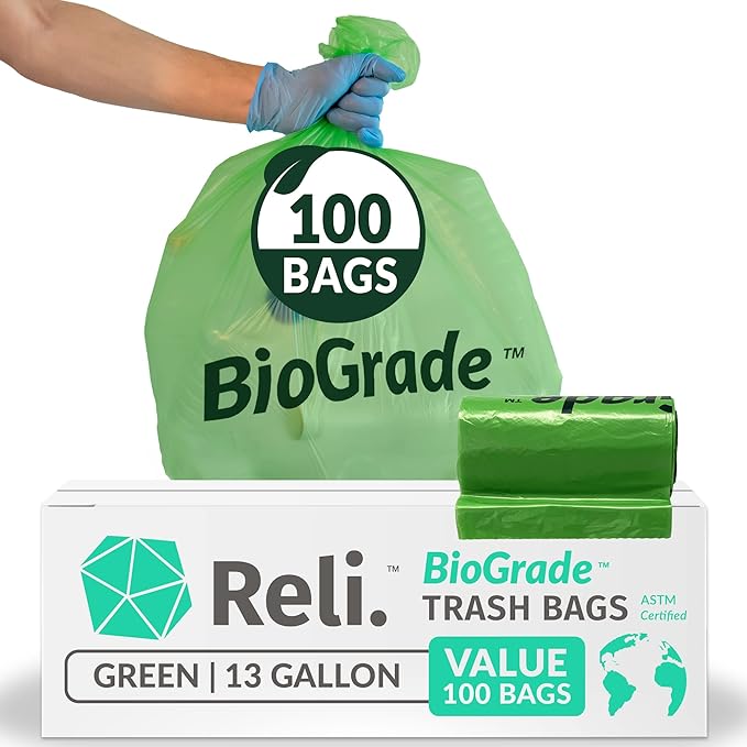 Reli. Biodegradable 13 Gallon Trash Bags | 100 Count | ASTM D6954 | Green | by Reli