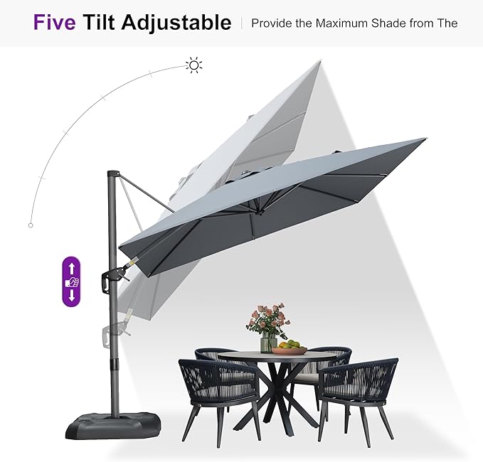 PURPLE LEAF 9 Feet Patio Umbrella with Base Outdoor Cantilever Square Umbrella Aluminum Offset Umbrella with 360-degree Rotation for Garden Deck Pool Patio Light Grey - Image 7