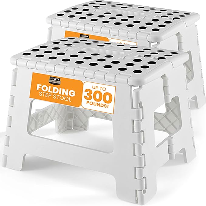 Utopia Home Folding Step Stool with Handle – 9 Inch Anti Slip Collapsible Stool – Holds Up to 300 lbs – Sturdy Plastic Step Stool Foldable for Kitchen, Bathroom and Home Use (2-Pack, White) by UTOPIAHOME