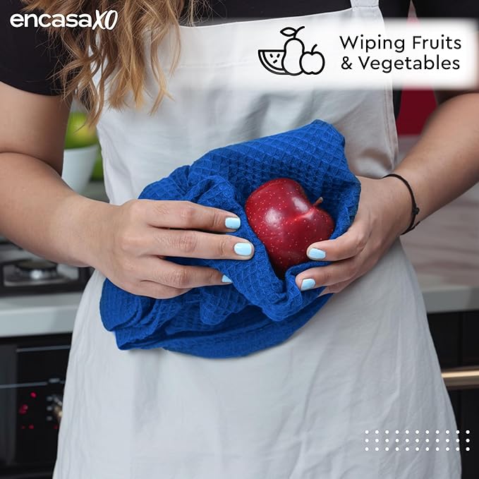 Encasa XO Kitchen Dish Towels Set | Blue | Waffle Weave and Flat Hand Tea Towel - Image 3