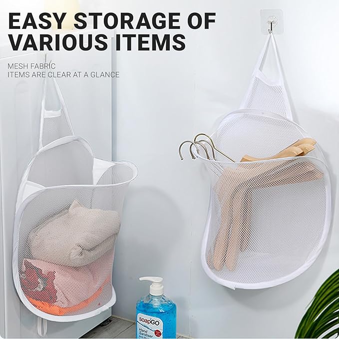 Hanging Laundry Bag Small Hanging Hamper Foldable Mesh Hamper Collapsible Wall - Image 2