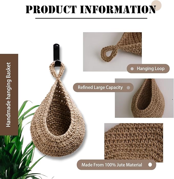 Hanging Fruit Large Basket Set of 3, Boho Wall Hanging Storage Basket - Image 3